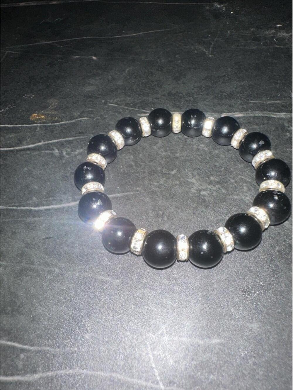 Rhinestone Spacer Silver Color Black Pearls Bangle Bracelet Stretch Obsidian